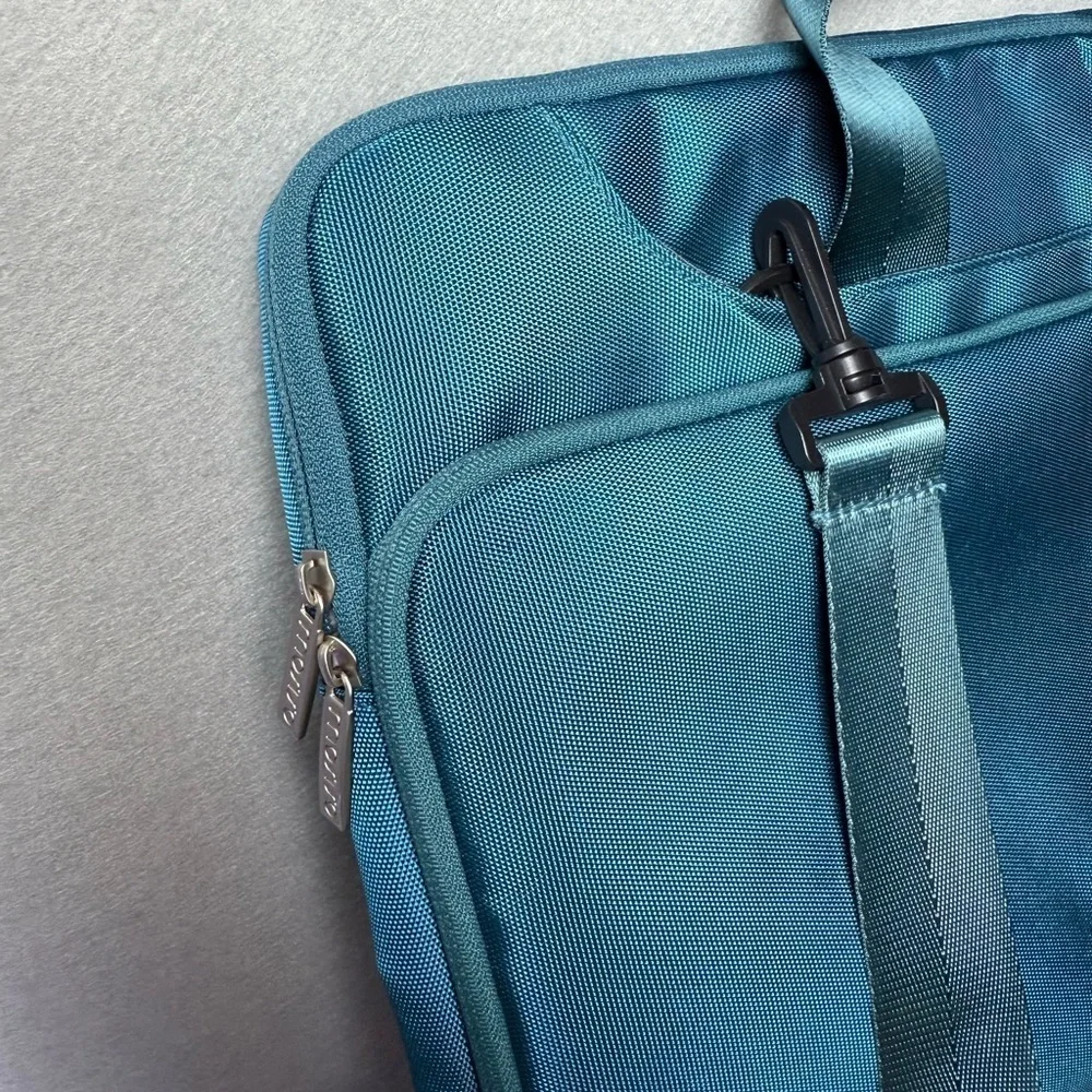 Mosiso 360 Protective Laptop Shoulder Bag in Teal Green Fleece Lined Trolly Belt